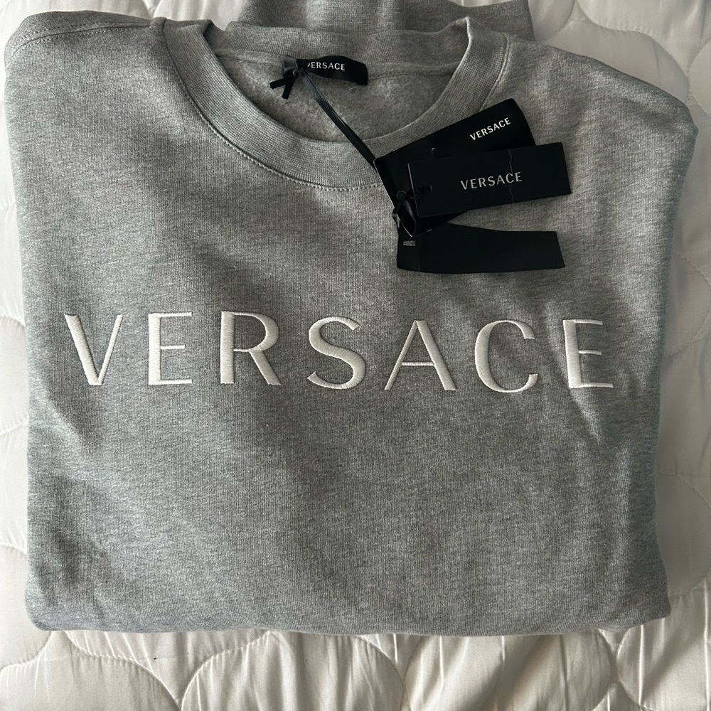 Versace Gray Crewneck Sweater with Iconic Branding